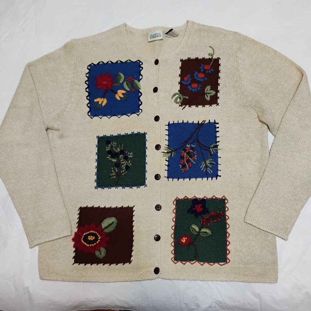 Classic Elements Beige Cardigan with Colorful Embroidery